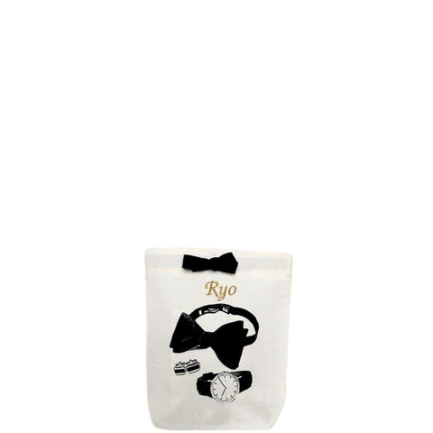Bag-all Men's Accessories Bag in cream with elegant black bow and stylish accessory illustrations featuring bow tie, watch, and cufflinks. Personalized with 'Ryo' monogram.