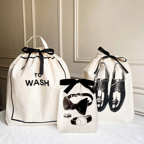 Bag-all Deal Gift Set His Favorites 3-pack featuring white cotton organizer bags with black ribbon - To Wash laundry bag, mens shoe bag, and accessories bag with classic prints