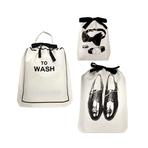 Bag-all Deal Gift Set His Favorites 3-pack: white cotton organizing bags featuring laundry, shoe, and accessories prints with black ribbon closures