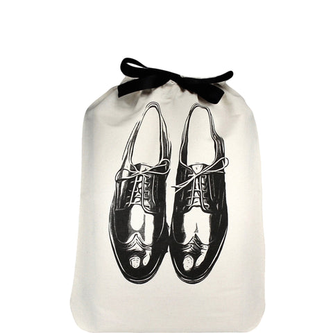 Bag-all Men's Travel Set 3-pack in cream featuring elegant shoe bag with black oxford dress shoe illustration, black ribbon tie closure, perfect for organized travel