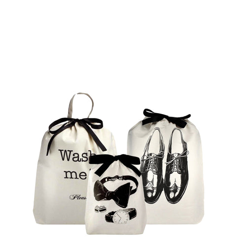 Bag-all Men's Travel Set 3-pack in Cream featuring laundry bag, shoe bag, and accessories bag with black ribbon ties and stylish monochrome prints for organized travel