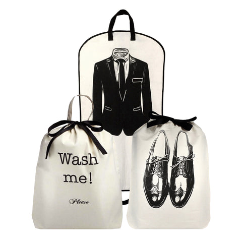 Bag-all Men's Travel Set 3-pack in Cream featuring laundry bag, shoe bag, and garment bag with black ribbon ties and stylish monochrome prints for organized travel