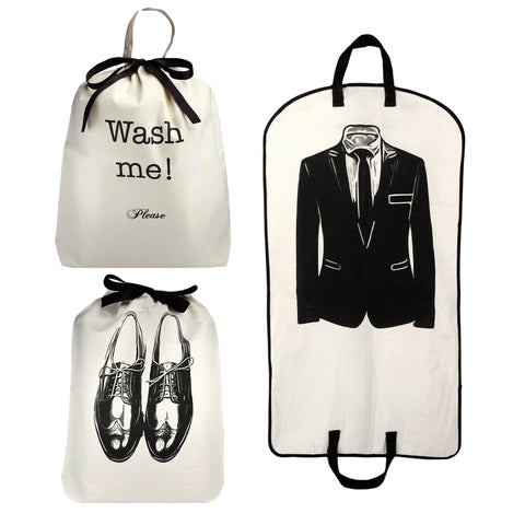 Bag-all Men's Travel Set 3-pack in cream featuring laundry bag with 'Wash me!' text, shoe bag with oxford design, and garment bag with travel essentials illustration, all with black ribbon ties