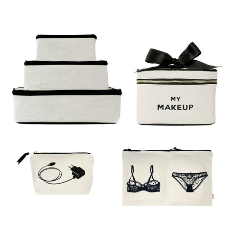 Bag-all Travel Glam 4-Pack: Cream cotton organizer set with packing cubes, lingerie pouch, makeup box with bow, and charger case for stylish travel organization
