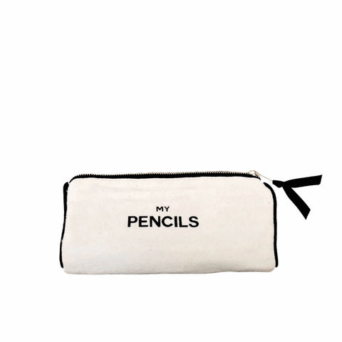 Bag-all Cream Pencil Case with black zipper trim and "MY PENCILS" text, perfect for school supplies storage and organization, waterproof lined