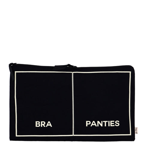Black double underwear organizer pouch with separate compartments labeled bra and panties for travel or storage