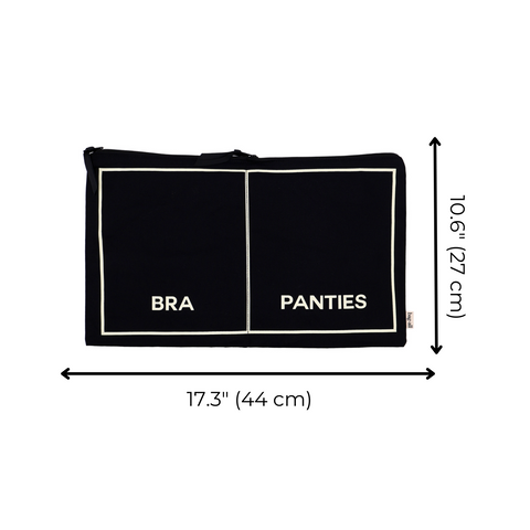 Black double underwear organizer with separate labeled compartments for bras and panties, measuring 17.3 by 10.6 inches