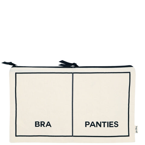 Cream double underwear organizer pouch with labeled compartments for bra and panties made from natural cotton