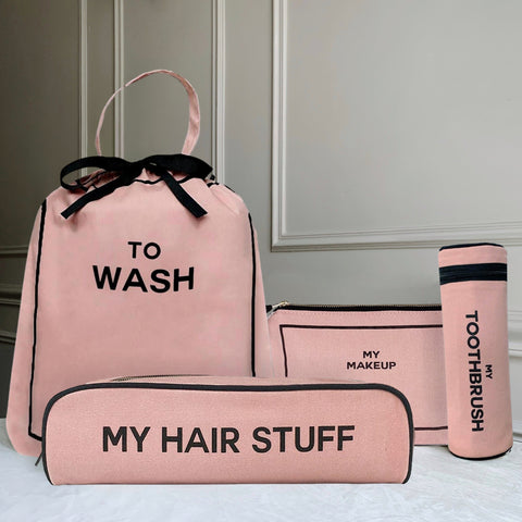 Bag-all Best Deal Gift Set featuring pink cotton travel organizers: To Wash laundry bag, My Makeup pouch, Hair Stuff case, and Toothbrush holder with black text and bows