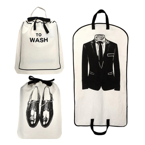 Monogrammed cream gift set with drawstring laundry bags and suit bag featuring shoe and suit illustrations