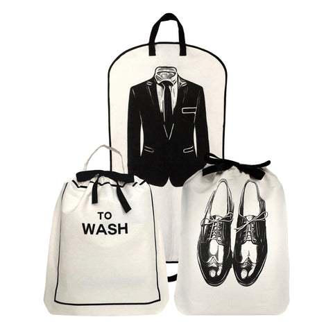 Set of three cream-colored laundry bags featuring black suit, shoes, and "TO WASH" text designs with handles and ties.