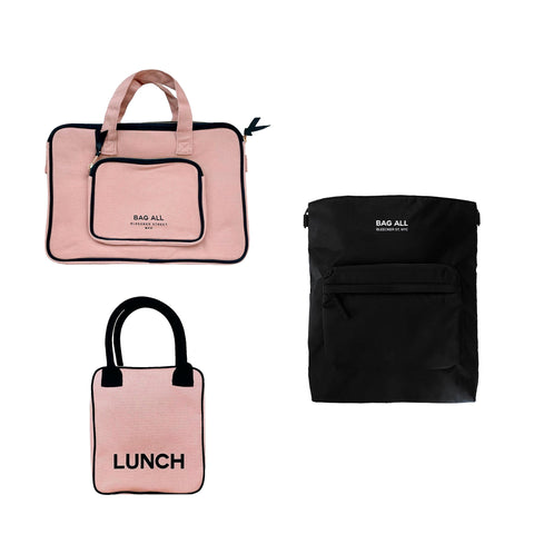 Bag-all Office Essentials Packing Set 3-Pack featuring pink laptop case, black backpack, and blush lunch bag, perfect for stylish workplace organization and commuting