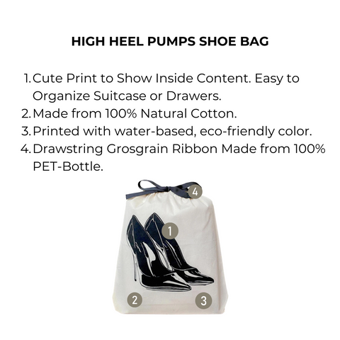 Bag-all High Heel Pumps Shoe Bag in cream cotton canvas featuring black stiletto print, recycled drawstring closure - stylish storage solution for protecting designer heels