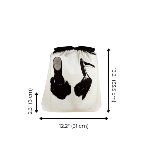 Bag-all Feather Slippers Shoe Bag in cream cotton with black slipper print and drawstring closure, perfect for storing and traveling with two pairs of flats or slippers