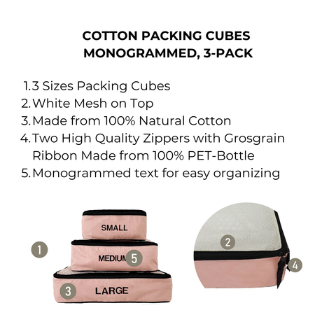 Set of three pink cotton packing cubes with white mesh tops, eco-friendly zippers, and monogrammed labels for organizing luggage.