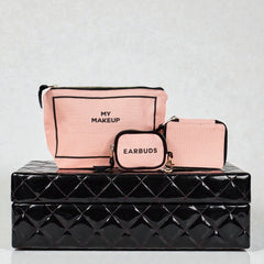 ハンドバッグオーガナイザートリオ：トリンケット、メイクアップ＆イヤーバッドケース、モノグラム、ピンク／ブラッシュ