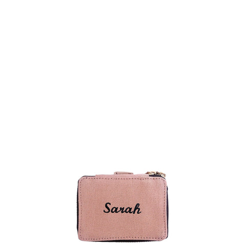 Bag-all Pink Jewelry Trinket Box with personalized monogram name, featuring gold zipper and striped interior lining, perfect for organizing small accessories