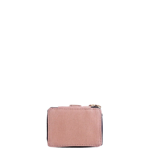 Bag-all Pink Jewelry/Trinket Box with gold zipper - compact travel-friendly organizer for accessories with striped interior lining in blush color
