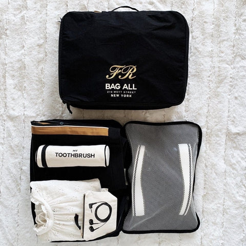 Bag-all Weekend Packing Set 3-Pack in black featuring large packing cube, multi-use case with mesh window, and pill organizer for stylish travel organization