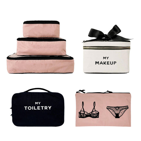 Bag-all Weekend Travel Gift Bundle featuring organized packing cubes in pink, makeup case in white, black toiletry bag, and lingerie pouch with stylish design for efficient travel organization