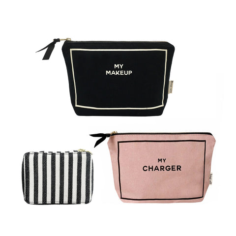 Bag-all Perfect Purse Trio featuring black makeup bag, pink charger pouch, and striped cosmetic case - stylish organizing set with labeled compartments for travel and daily essentials.