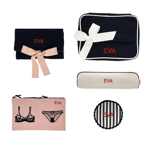Bag-all Spoil Her Gift Bundle Deal 5-set featuring elegant organizing bags in black, pink and white with bows, lingerie illustrations and personalized EVA monogram for stylish storage and travel