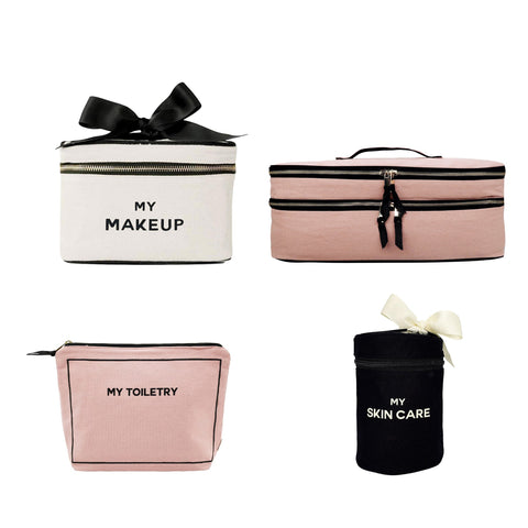 Bag-all Gift Set for the Beauty Lover 4-piece collection featuring pink and white organizer bags for makeup, toiletry, and skincare with elegant black text and ribbon accents, perfect for beauty storage and travel organization