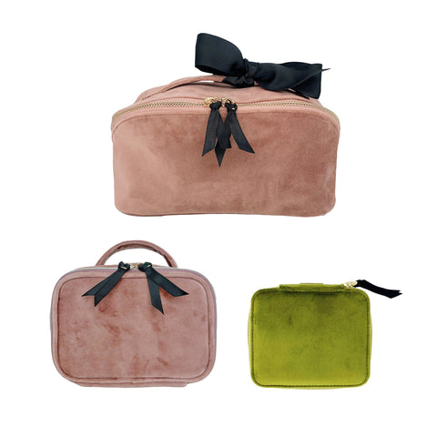 Bag-all Recycled Velvet Jewelry, Makeup & Pill 3-set featuring dusty pink and olive green organizers with black bow accents and dual zippers for stylish storage and organization