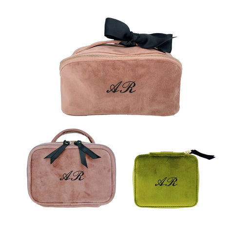 Bag-all Recycled Velvet Jewelry, Makeup & Pill 3-set in blush pink and olive green with black ribbon accents and AR monogram, luxury organizing pouches in different sizes for travel and home storage