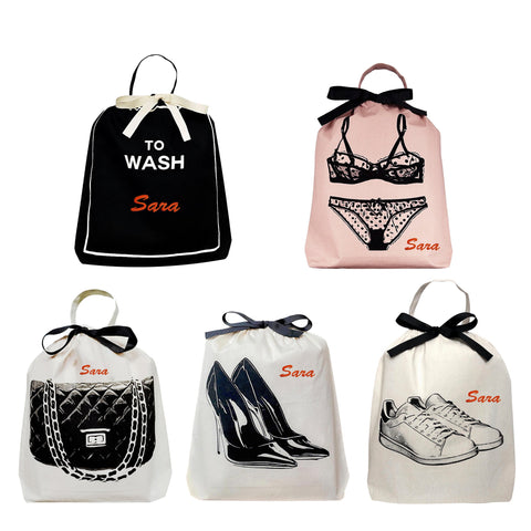 Bag-all Jetsetter 5-pack for Her featuring stylish organizing bags with fashion illustrations - wash bag, lingerie bag, handbag bag, high heels bag, and sneaker bag in black and pink designs