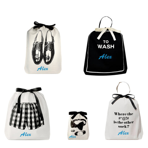Bag-all Travel Light 5-pack for Him featuring personalized cotton bags for shoes, laundry, shorts, socks, plus humorous missing sock bag in black and white design with Alex monogram
