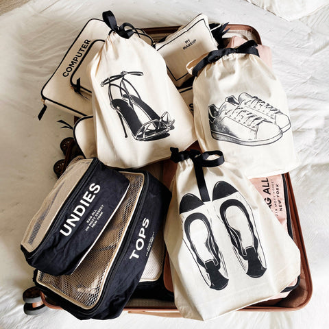 Bag-all Shoe Bags Set 3-pack Cream: Cotton travel organizers featuring black shoe illustrations - includes bags for sneakers, heels, and flats with drawstring closure and black ribbon accents
