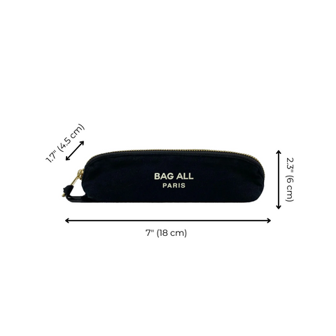 Bag-all Small Makeup Bag in classic black cotton, compact pencil case design with gold zipper and logo, measures 7x2.5 inches, perfect for organizing cosmetics and travel essentials