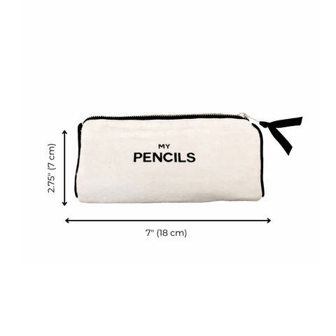 Bag-all Cream Pencil Case with 'My Pencils' text, waterproof canvas organizer featuring black zipper and measurements of 7x2.75 inches, perfect for school supplies