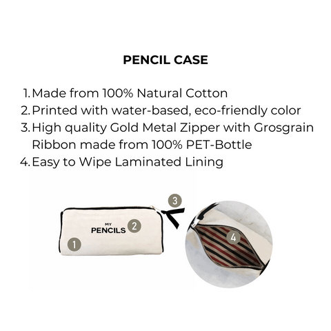 Bag-all Cream Pencil Case: Natural cotton case with eco-friendly print, gold zipper, and waterproof lining. Perfect for organizing school supplies and stationery items.
