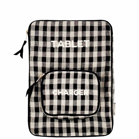 Bag-all Tablet Case 11" in black and white gingham pattern with charger pocket, featuring padded protection and front storage compartment for accessories