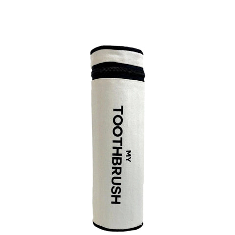 Bag-all cream toothbrush travel case with black zipper and text, cylindrical organizer holds 5 toothbrushes and toothpaste, Scandinavian minimalist design