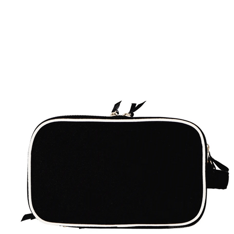 Black triple travel and hobby organizer with white trim, zipped compartments, and a side handle for easy carrying