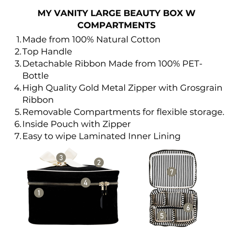 Black large vanity beauty box with removable compartments, gold zipper, striped interior, and top handle organizer bag