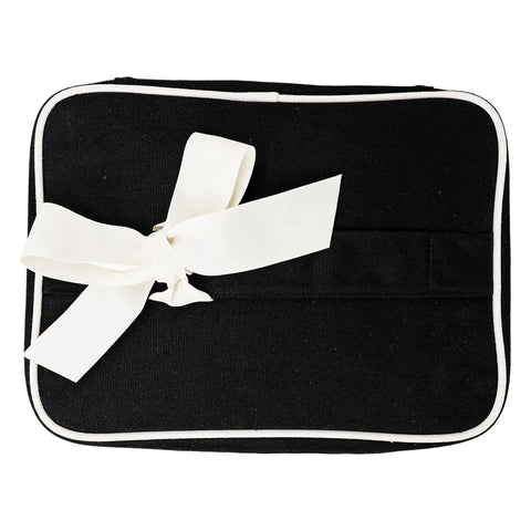 Black large vanity beauty box with white trim and decorative white bow, personalized organizer for makeup and skincare storage