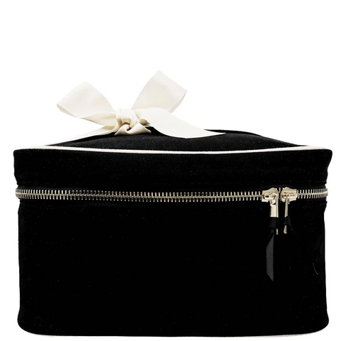 My Vanity Large Beauty Box with Insert Organizer, black cotton case by Bag-all with removable compartments and grosgrain bow.