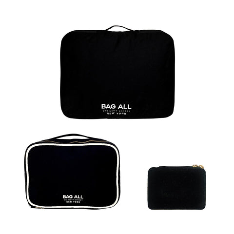 Bag-all Weekend Packing Set 3-Pack in black featuring large packing cube, multi-use case with waterproof lining, and pill organizer - stylish cotton travel organizers with logo detail
