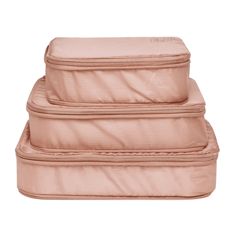 Bag-all recycled nylon compression packing cubes in pink/blush, set of 3 stackable eco-friendly travel organizers with reinforced stitching for space-saving storage
