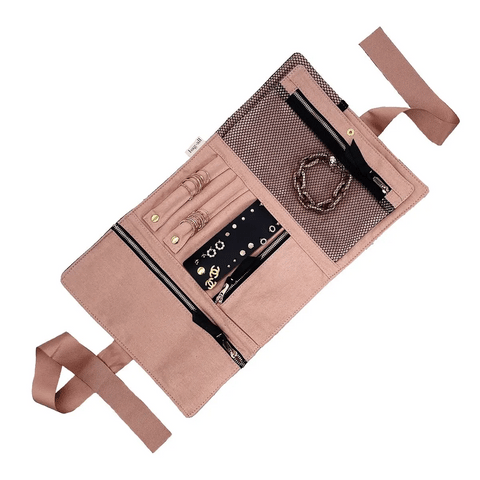 Bag-all Large Jewelry Roll in dusty pink featuring multiple compartments, mesh pocket, and secure straps for organized jewelry storage and travel protection