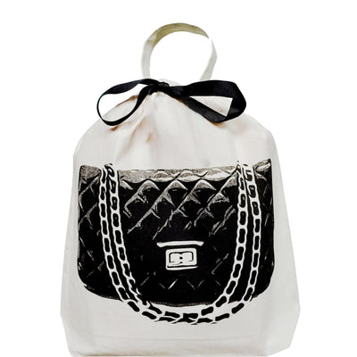 Bag-all Quilted Handbag Travel Bag in Cream featuring black quilted designer bag print with chain strap design, protective storage solution with elegant black bow accent