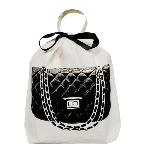 Bag-all Quilted Handbag Travel Bag in Cream featuring black quilted designer bag print with chain strap design, protective storage solution with elegant black bow accent