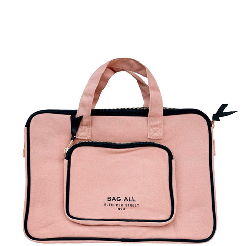 Bag-all Office Essentials Packing Set laptop case in pink cotton canvas with black trim, front pocket and carrying handles, part of 3-piece organizational set