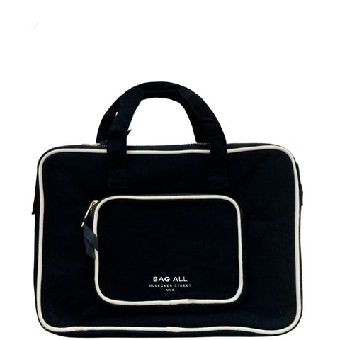 Bag-all black laptop case 13" with white trim, front charger pocket and dual handles. Sleek padded cotton design with secure zipper closure for modern professionals.