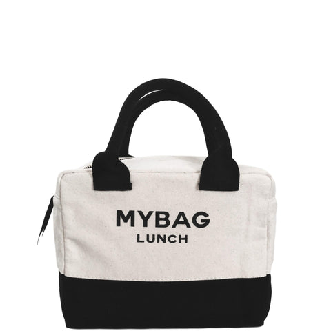 Bag-all cream insulated lunch box with black handles and text MYBAG LUNCH, featuring modern two-tone design and durable metal zipper for stylish meal storage