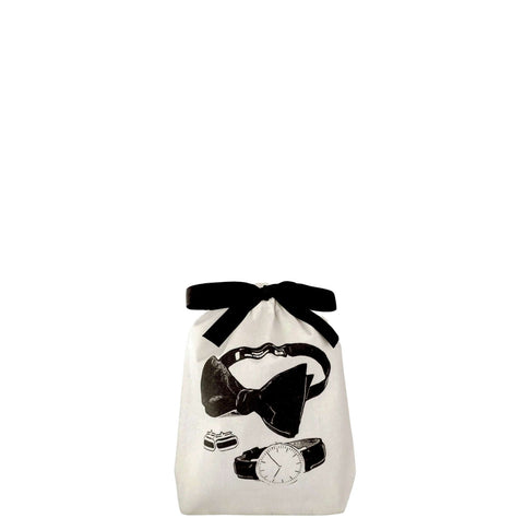 Bag-all Mens Accessories Bag in cream cotton featuring black bow tie, watch and cufflinks illustration with elegant black ribbon closure